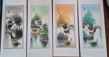 4 Japanse Waterverf Schilderijen - Jaargetijden beschikbaar voor biedingen
