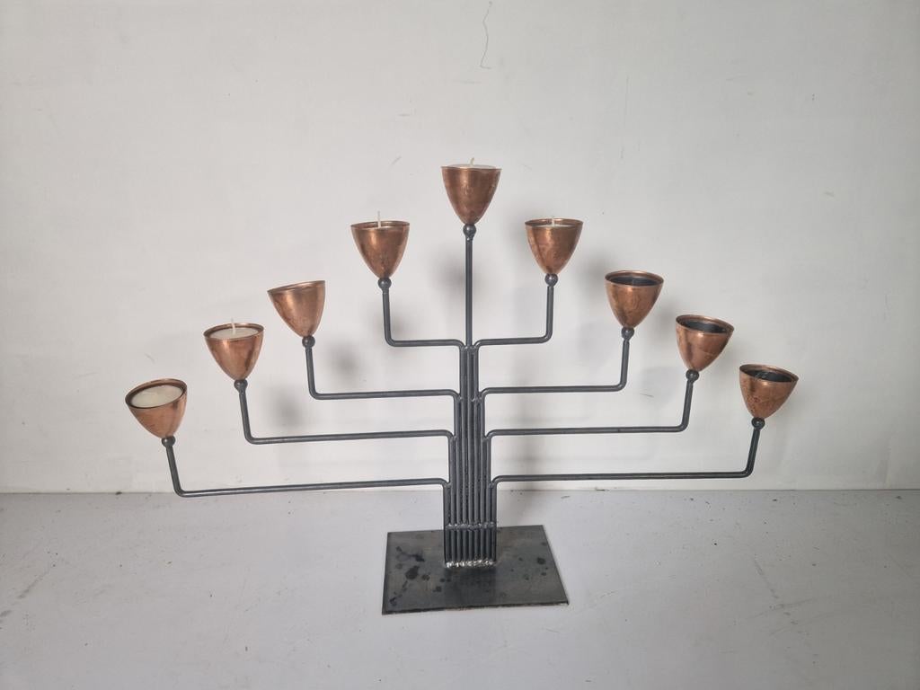 Grote judaica menorah koper vintage brutalist, Gebruikt, 50 tot 75 cm, Onbekend, Ophalen of Verzenden