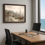 Schilderij havengezicht met vissersboten – gesigneerd, Ophalen of Verzenden