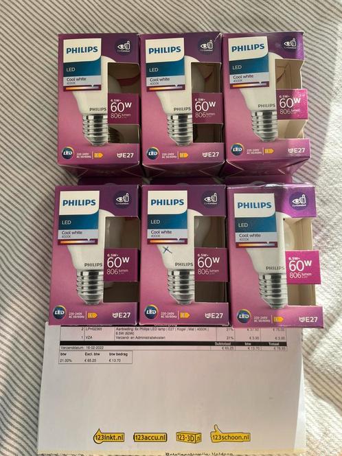 6x Philips lampen LED 60w E27 Cool White, Huis en Inrichting, Lampen | Losse lampen, Zo goed als nieuw, Led-lamp, E27 (groot)