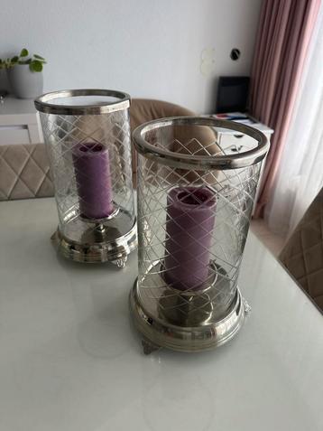 Chique kandelaars / windlichten glas & zilver – 2 stuks beschikbaar voor biedingen