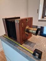Prachtige houten camera met grote koperen lens, Ophalen of Verzenden