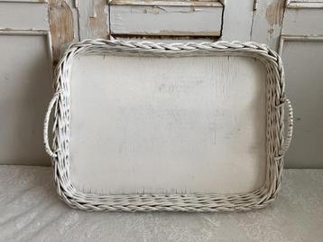 Brocante dienblad / Hout met rotan rand en handvat / Wit beschikbaar voor biedingen