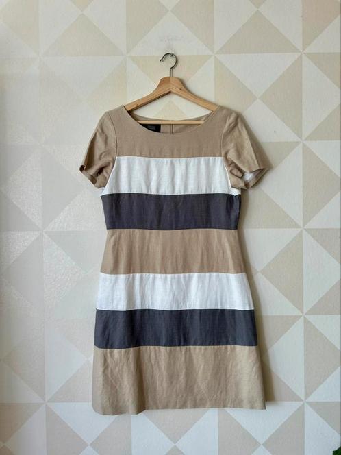 Vanilia jurk wit/bruin/grijs linnen S/36, Kleding | Dames, Jurken, Zo goed als nieuw, Maat 36 (S), Beige, Boven de knie, Ophalen of Verzenden