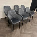 6 Fluwelen Eetkamerstoelen Blauw Grijs, Metaal, Blauw, Ophalen of Verzenden, Zo goed als nieuw