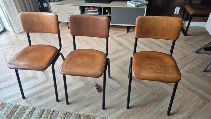 3 Cognac leren eetkamerstoelen Goossens, Huis en Inrichting, Stoelen, Gebruikt, Drie, Leer, Metaal, Bruin, Ophalen