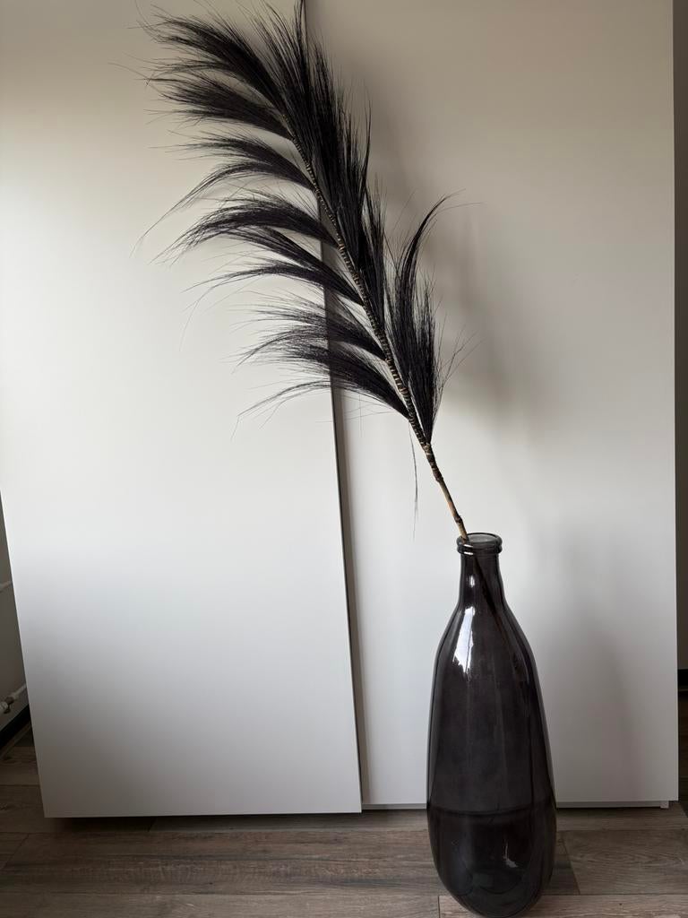 Zwarte vaas met pluim 180cm, Huis en Inrichting, Woonaccessoires | Vazen, Zo goed als nieuw, Zwart, 75 cm of meer, Glas, Ophalen