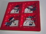 keramiek Kerst serveerschaal 4 vak schaal sneeuwpop 22x22 cm, Ophalen of Verzenden, Zo goed als nieuw