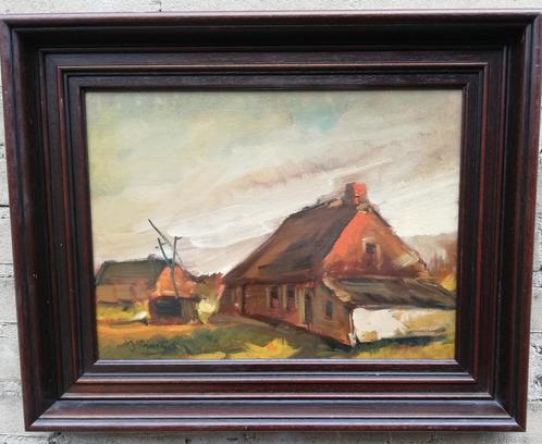 Boerenhoeve. Sign. Olie/doek. 52/42 cm, Huis en Inrichting, Woonaccessoires | Schilderijen, Tekeningen en Foto's, Zo goed als nieuw