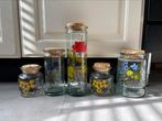 5 vintage glazen voorraadpotten met bloemen, Huis en Inrichting, Keuken | Potten en Pannen, Ophalen of Verzenden, Zo goed als nieuw