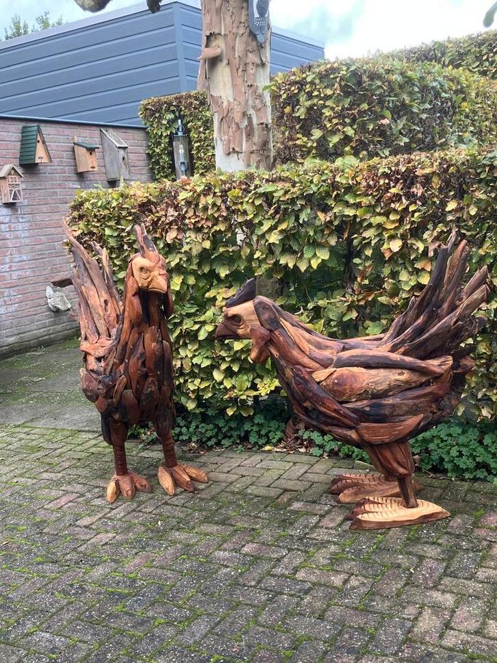 Teakhouten Kip & Haan - Handgemaakt Decoratie, Tuin en Terras, Tuinbeelden, Nieuw, Dierenbeeld, Hout, Ophalen