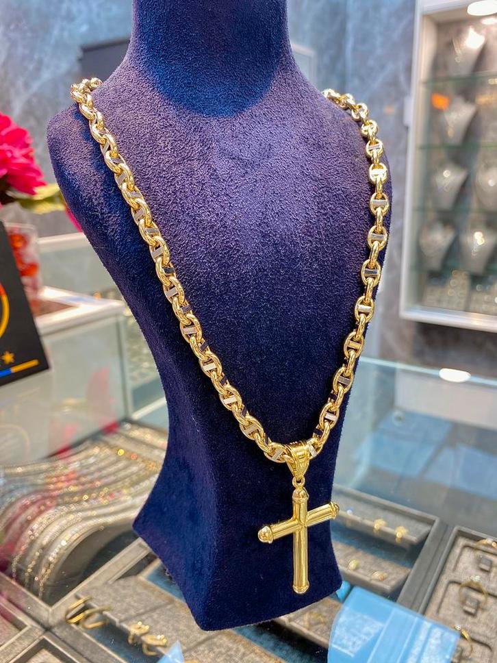 14k Gouden Ketting & Kruishanger, Sieraden, Tassen en Uiterlijk, Kettingen, Nieuw, Goud, Goud, Met hanger, Verstelbaar, Ophalen