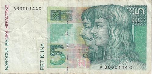Kroatië - 5 KUNA 31.10.93 - serie A 3000144 C - P#28.a, Postzegels en Munten, Bankbiljetten | Europa | Niet-Eurobiljetten, Joegoslavië