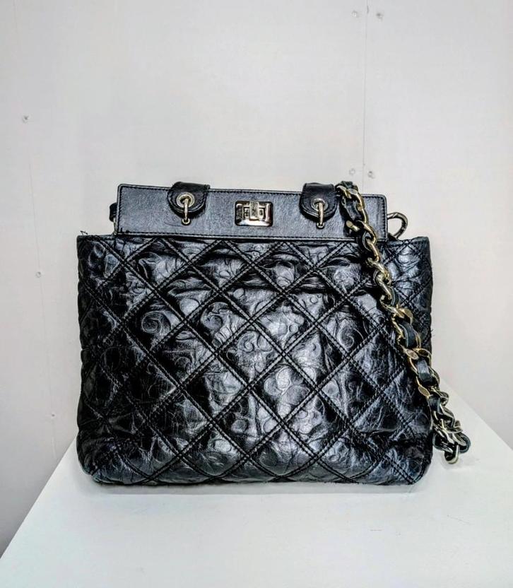 Montini Italiaanse leren tas met ketting, Sieraden, Tassen en Uiterlijk, Tassen | Damestassen, Gebruikt, Handtas, Zwart, Ophalen of Verzenden