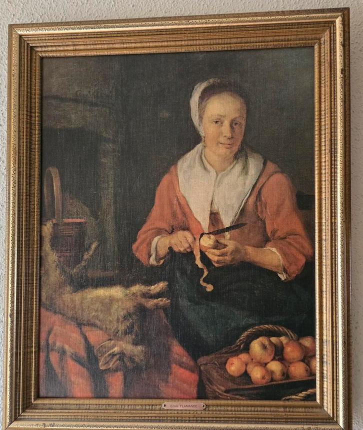 Schilderij 'Vrouw schilt appels' - Ecole Flamande, Antiek en Kunst, Kunst | Schilderijen | Klassiek, Ophalen