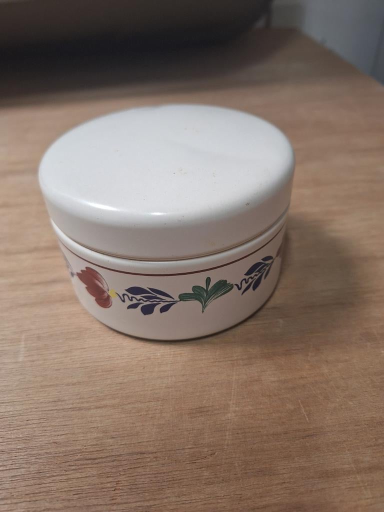 Vintage boerenbont blikje, Gebruikt, Porselein of Keramiek, Schaal, Rond