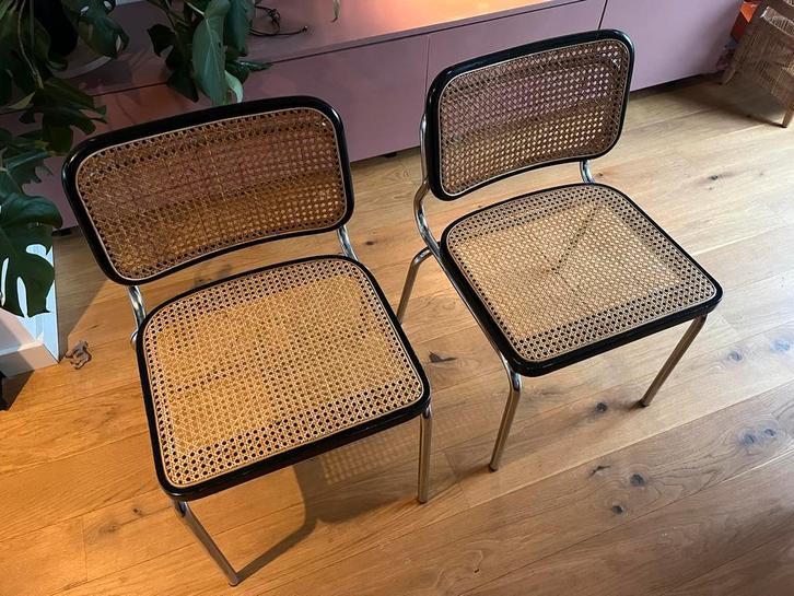 4 Zwarte Webbing Stoelen met Stalen Frame, Huis en Inrichting, Stoelen, Gebruikt, Vier, Metaal, Riet of Rotan, Zwart, Ophalen