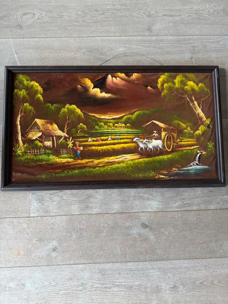 Schilderij: Indonesisch Landschap met Ossenkar, Antiek en Kunst, Kunst | Schilderijen | Klassiek, Ophalen