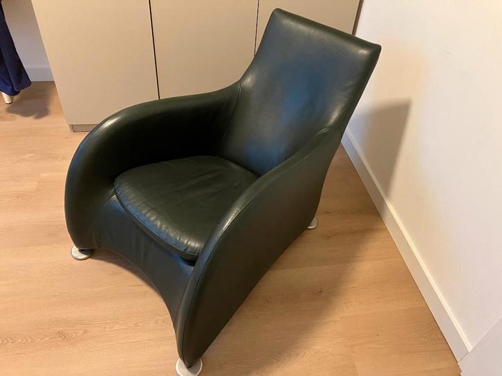 Stijlvolle groenleren Montis Loge fauteuil, Huis en Inrichting, Fauteuils, Gebruikt, Leer, Metaal, 50 tot 75 cm, 75 tot 100 cm