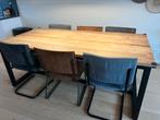 Stalen eettafel met mangohout blad en 6 suede/leren stoelen, Ophalen, 200 cm of meer, 50 tot 100 cm, Zo goed als nieuw
