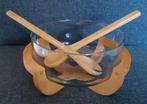 Glazen slakom diameter 24cm met houten onderstel en couvert, Huis en Inrichting, Ophalen, Gebruikt