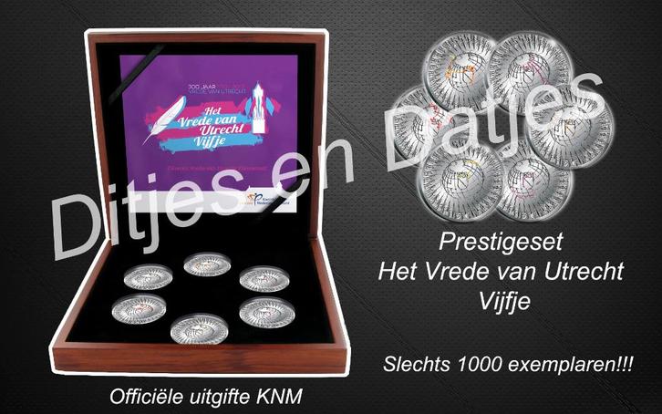 Vrede van Utrecht Vijfje Kleurset Zilver Proof Combinatieset, Postzegels en Munten, Munten | Nederland, Euro's, Koningin Beatrix