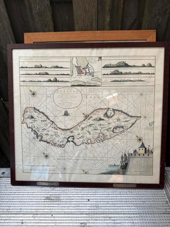 Oude kaart van Curaçao ingelijst, Antiek en Kunst, Kunst | Litho's en Zeefdrukken, Ophalen of Verzenden