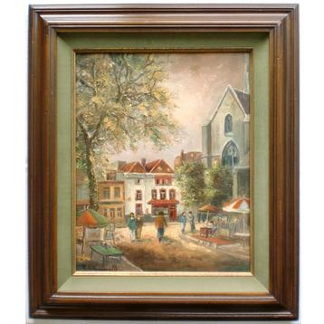 Kunstmarkt op Kerkplein, 1970's - olieverf schilderij, 50x40 beschikbaar voor biedingen