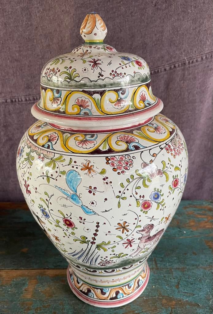 Pot vaas met deksel Portugees aardewerk handgeschilderd, Overige kleuren, Aardewerk of Porselein, Ophalen of Verzenden, Zo goed als nieuw