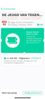 4 kaarten Jeugd van tegenwoordig 3 okt ziggo, Tickets en Kaartjes, Twee personen, Overige soorten