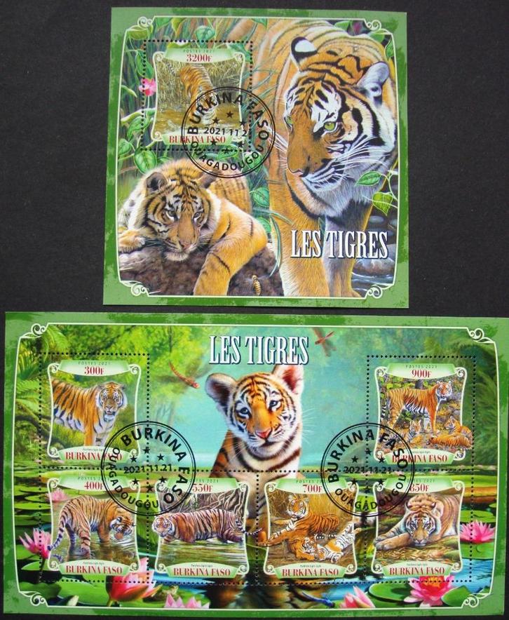- 795 - 2 Blokken, met Tijgers, met 7 zegels., Postzegels en Munten, Postzegels | Thematische zegels, Gestempeld, Dier of Natuur