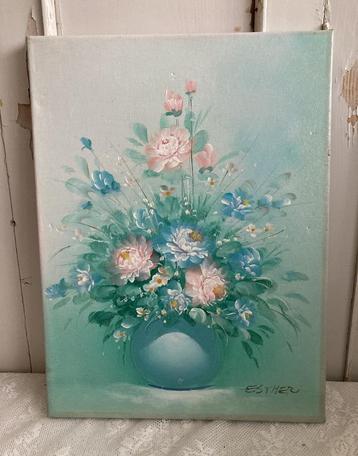 Brocante look schilderij - bloemstuk op doek / Esther beschikbaar voor biedingen