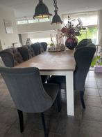Landelijke eethoek met 7 stoelen, tafel met eiken blad, Huis en Inrichting, Ophalen, Gebruikt, Landelijke, warme en stijlvolle interieurstijl.