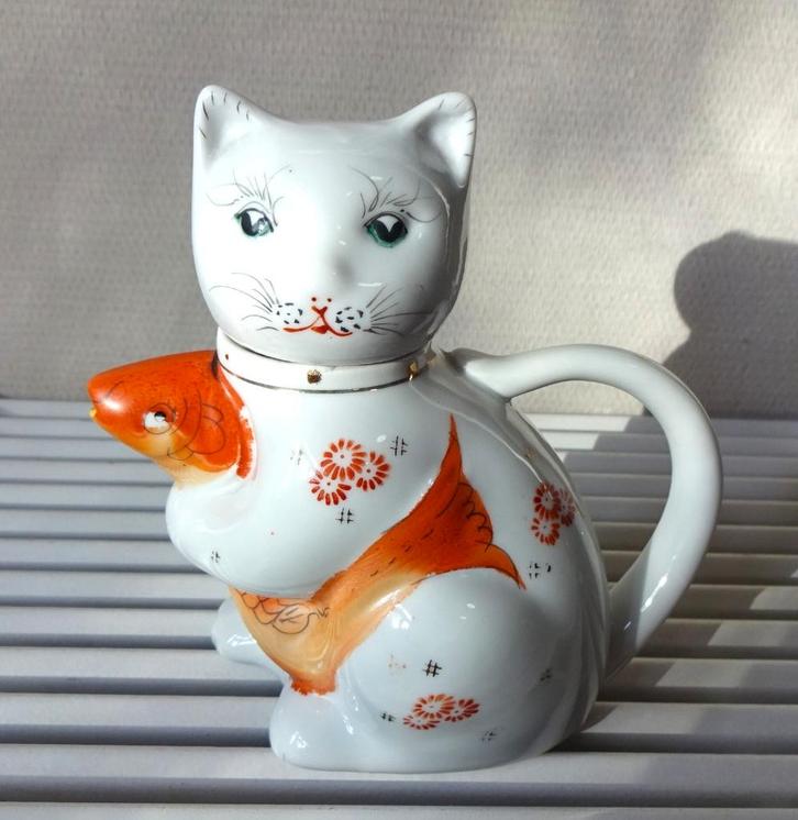 Vintage Chinese theepot: handgeschilderde kat + koi karper, Antiek en Kunst, Antiek | Porselein, Ophalen of Verzenden