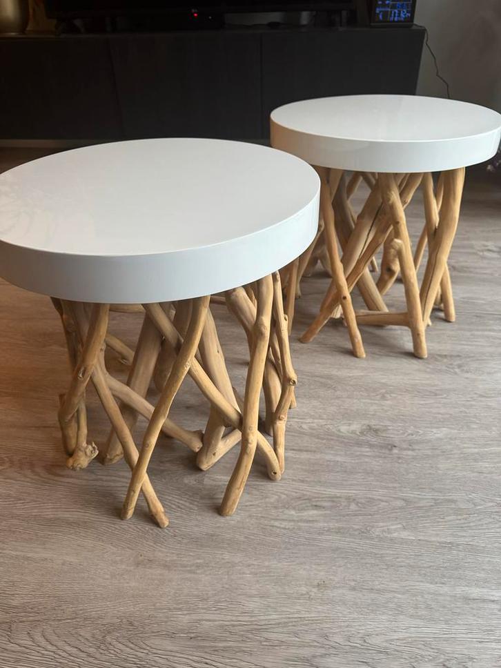 set van 2 bijzettafels – wit hoogglans– boho / naturel stijl, Huis en Inrichting, Tafels | Bijzettafels, Zo goed als nieuw, Rond