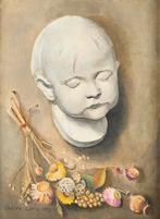 Sarika Goth, stilleven met droogbloemen en kinderkopje, Antiek en Kunst, Kunst | Schilderijen | Modern, Ophalen of Verzenden