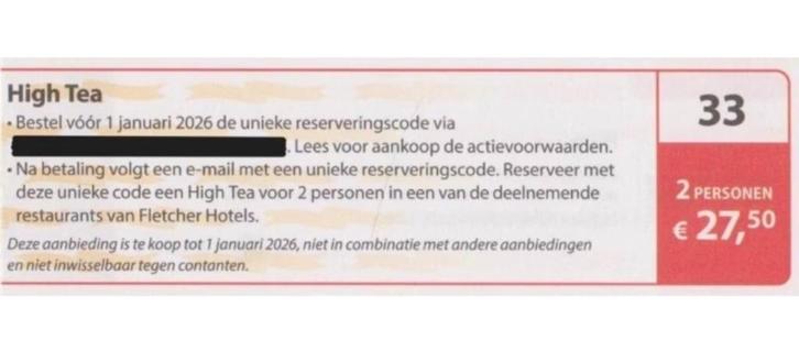 High tea bon Postcode loterij 2 personen 27,50 euro, Tickets en Kaartjes, Kortingen en Cadeaubonnen, Twee personen, Overige typen