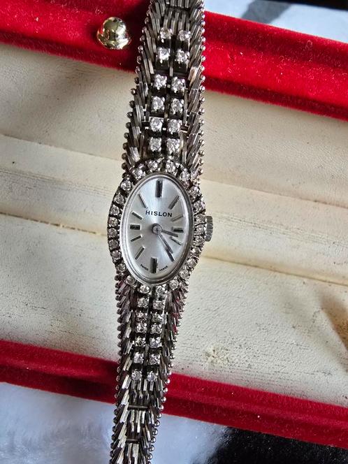 18 k. Wit goud Hislon horloge met briljant, Sieraden, Tassen en Uiterlijk, Horloges | Antiek, Overige merken, Goud, Ophalen of Verzenden