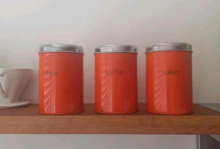 Vintage Voorraadbussen Thee, Koffie, Suiker - Jaren 60/70, Huis en Inrichting, Keuken | Keukenbenodigdheden, Gebruikt, Ophalen of Verzenden