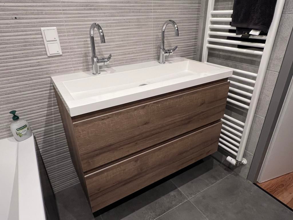 Badmeubel eiken met wastafel en 2 kranen - 100x51x60 cm, Ophalen, 100 tot 150 cm, Zo goed als nieuw, Minder dan 100 cm
