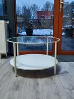 Witte salontafel met glazen bovenblad, Huis en Inrichting, Ophalen, 50 tot 100 cm, Rond, 50 tot 100 cm