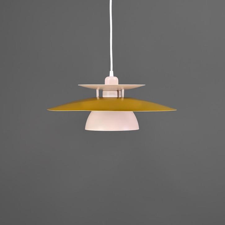 Vintage retro hanglamp in beige en khaki kleuren, Huis en Inrichting, Lampen | Hanglampen, Zo goed als nieuw, 75 cm of meer, Kunststof