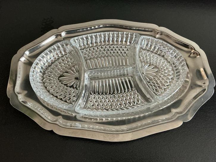 Vintage Serveerschaal met 4 Vakken - Zilver & Glas Antiek Sc, Antiek en Kunst, Antiek | Schalen, Ophalen of Verzenden