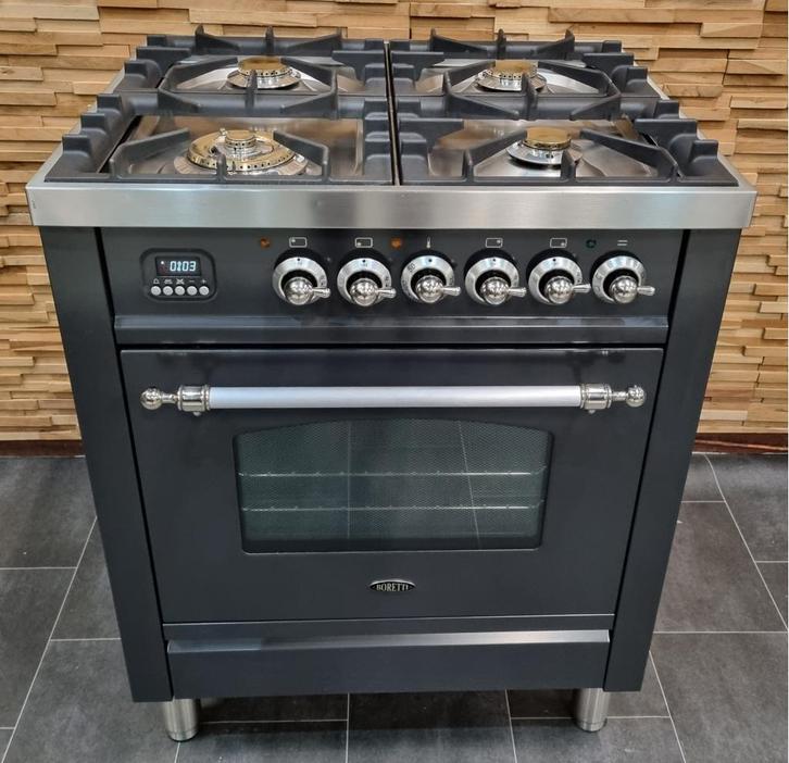 Luxe Fornuis Boretti 70cm antraciet + rvs 4 pits 1 oven, Witgoed en Apparatuur, Fornuizen, Zo goed als nieuw, Vrijstaand, Gas