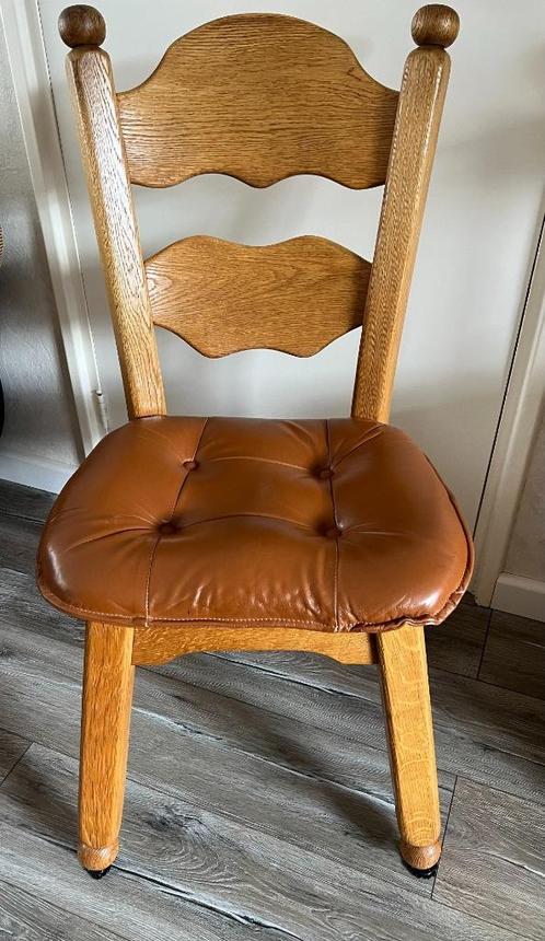 4 stuks eikenhouten eetkamer stoelen met leren zitting, Huis en Inrichting, Stoelen, Gebruikt, Vier, Hout, Leer, Bruin, Ophalen