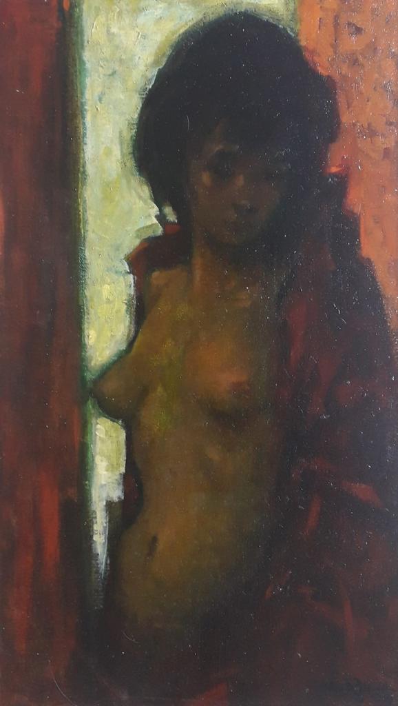 NAAKT MEISJE IN RODE JAS>OUD 1979>INTIEM PORTRET JONGE VROUW, Antiek en Kunst, Kunst | Schilderijen | Klassiek, Ophalen of Verzenden