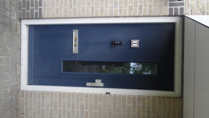 Hardhouten, blauwe voordeur met glas (925 x 2105 mm), Doe-het-zelf en Verbouw, Deuren en Horren, Buitendeur, 200 tot 215 cm, Glas