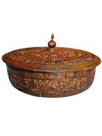 Vintage houten masala dabba – handgesneden kruidenbox India, Ophalen of Verzenden