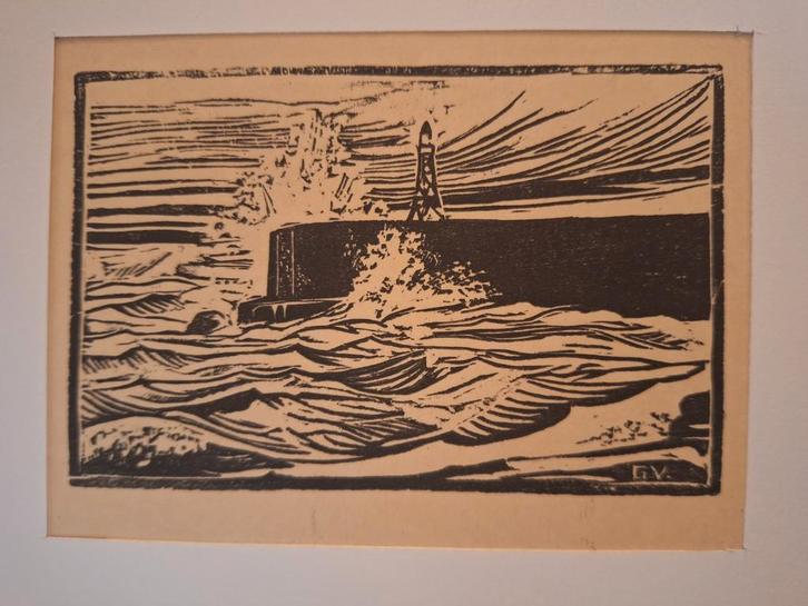 Houtsnede Zeestorm, Antiek en Kunst, Kunst | Etsen en Gravures, Ophalen of Verzenden