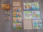 houten puzzels + houten dierenmemorie, vrijwel NIEUW, 2 tot 4 jaar, 10 tot 50 stukjes, Ophalen of Verzenden, Zo goed als nieuw